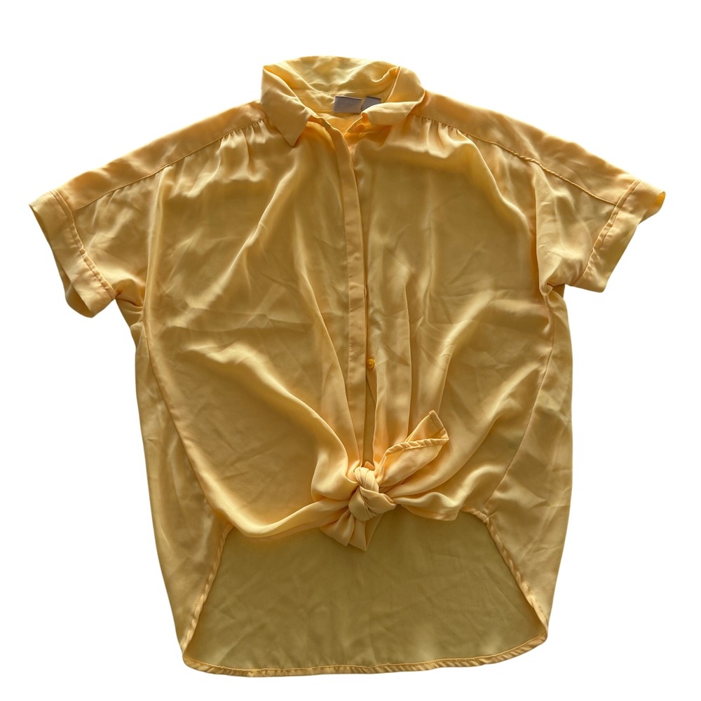 Chicos Yellow Tie Front Short Sleeve Button Down Shirt Size 2 Large